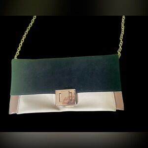 Aldo shoulder bag, black suede, patent base,gold chain